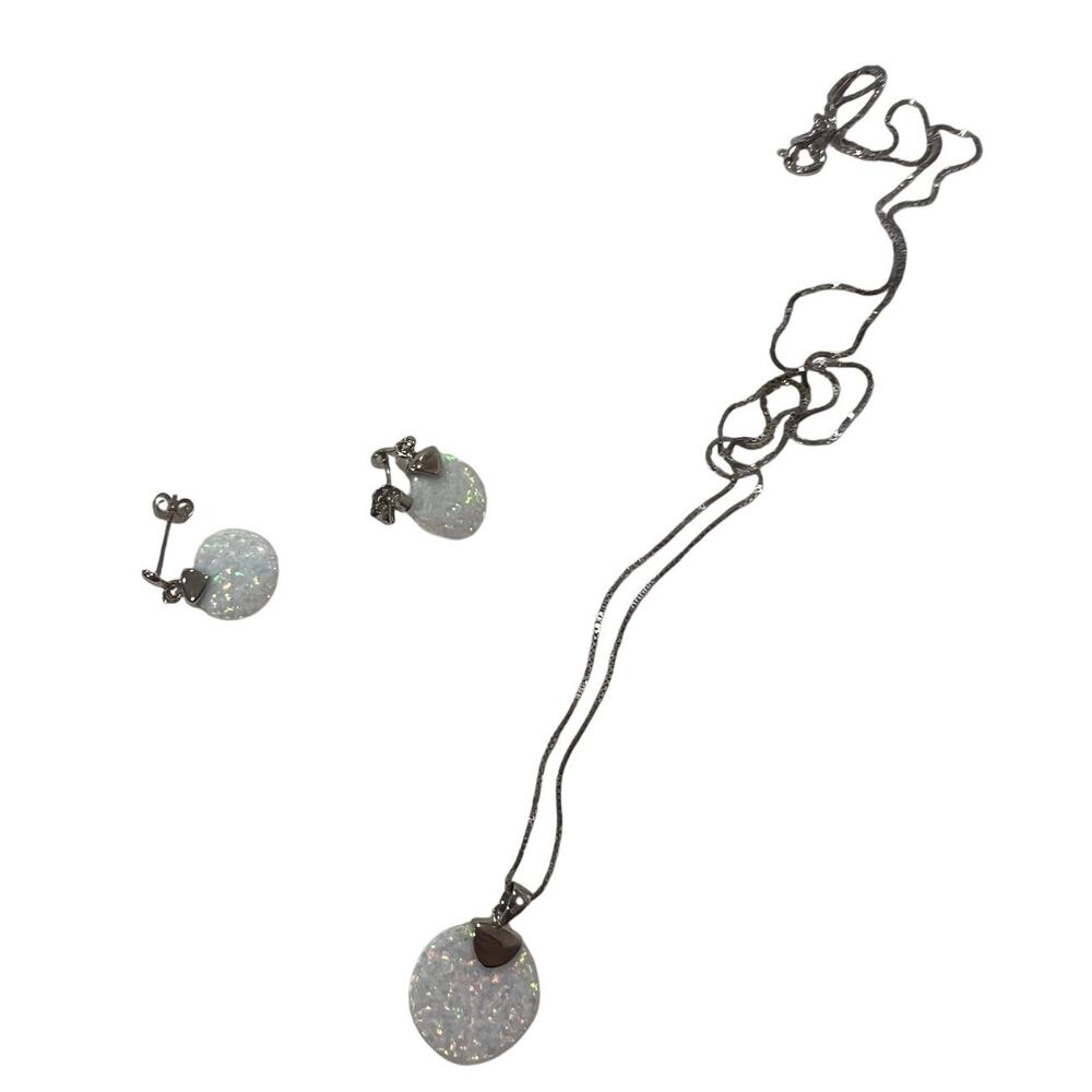 Sterling Silver Opal Pendant Earrings and Necklace